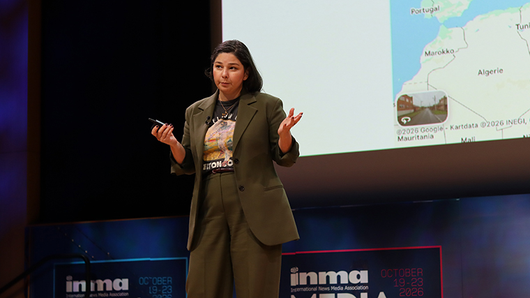 Maria Amelie, CEO and founder of Factiverse, on stage at the INMA Media Tech & AI Conference.