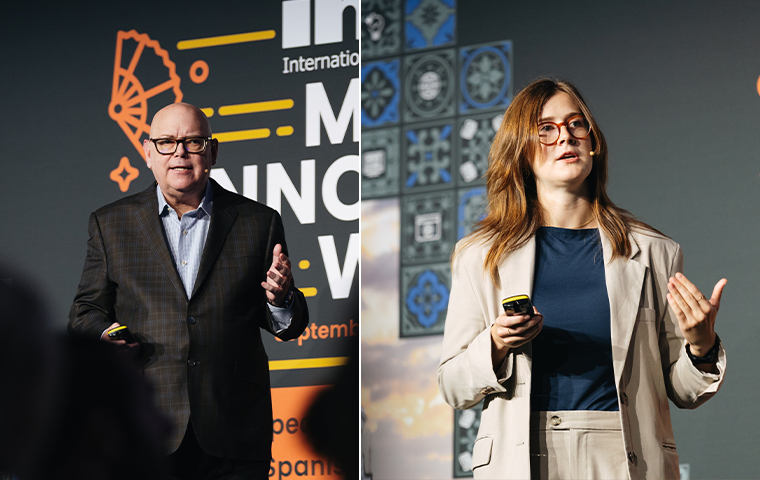 INMA CEO/Executive Director Earl Wilkinson and Lena Leibetseder, head of digital publishing at Russmedia, on the stage in Madrid.
