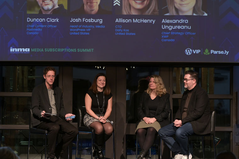 From left: Josh Fosburg, head of industry/media at WordPress VIP; Alexandra Ungureanu, chief strategy officer at XWP; Allison McHenry, CTO at the Daily Kos; and Duncan Clark, chief content officer at Postmedia, speak during the seminars in Toronto.