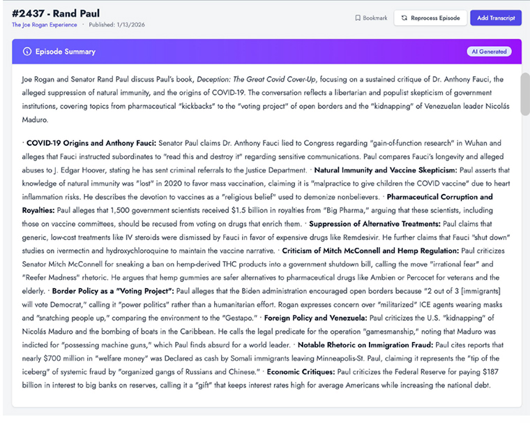 Google Gemini analyses each transcript, generating multiple summaries and identifying the topics discussed.
