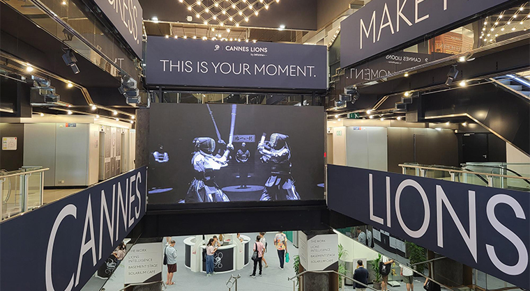 Inside the main entrance of the Cannes International Festival of Creativity.